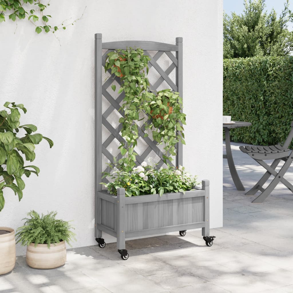 vidaXL Planter with Trellis and Wheels Gray Solid Wood Fir-1