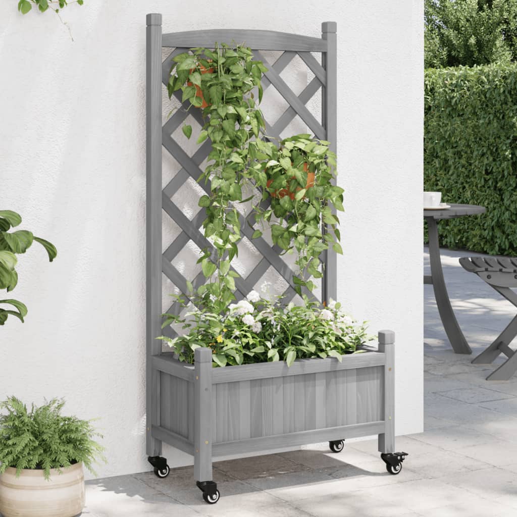 vidaXL Planter with Trellis and Wheels Gray Solid Wood Fir-0