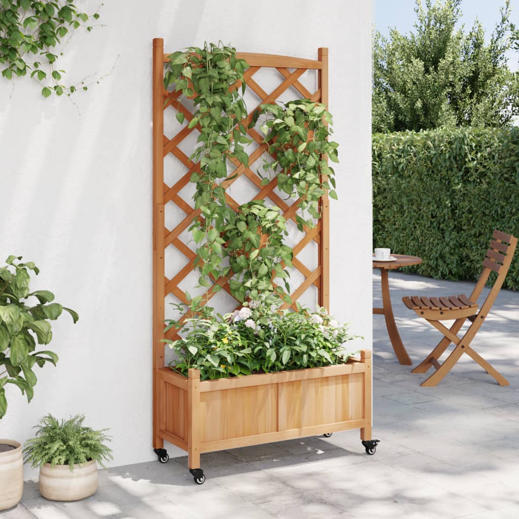 vidaXL Planter with Trellis and Wheels Brown Solid Wood Fir-2