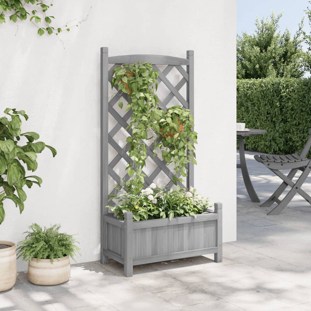 vidaXL Planter with Trellis Gray Solid Wood Fir-1