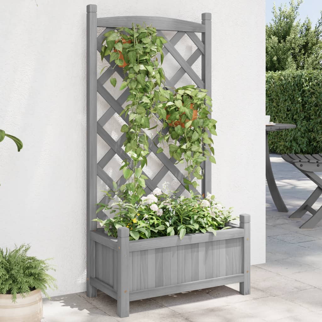 vidaXL Planter with Trellis Gray Solid Wood Fir-0