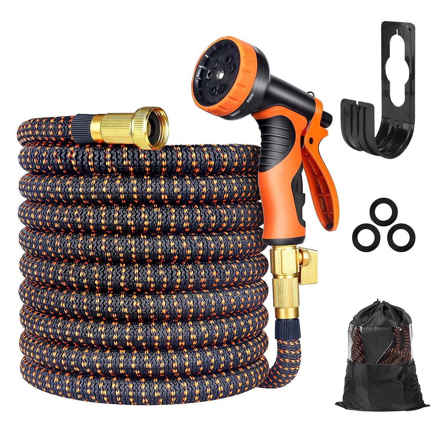 50FT/75FT/100FT Garden Hose Garden Watering Kit with Spray Nozzle Carry Bag Expandable Water Hose for Gardening Pet Bathing Ground Cleaning Car Wahing - Orange - 100ft by VYSN